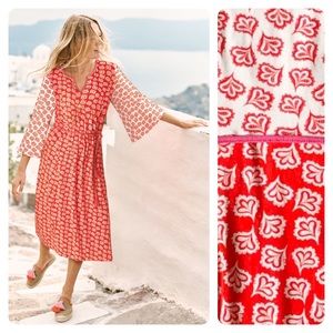 Boden Jersey Midi Dress Red & White Falling Petals Contrast Print Wide Sleeve 4P